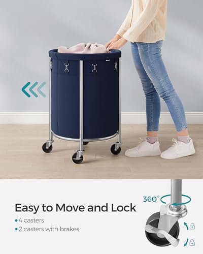 SONGMICS 29-Gallon (110 L) Laundry Basket with Wheels, Rolling Round Heavy-Duty Laundry Hamper Cart with Steel Frame and Removable Bag, 2 Locking Wheels, Charcoal Blue and Metallic Silver URLS002Q01 - color: Charcoal Blue + Metallic Silver, size: 110 L (1