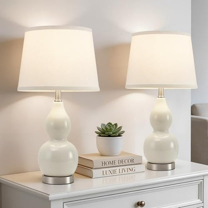 22" Table Lamp Set of 2, Color Temperature Adjustable Double Gourd Ceramic Lamps Classic Nightstand Table Lamps for Bedroom Beside Lamps for Living Room, Cream-Bulbs Included - color: 22.63" Cream Gourd