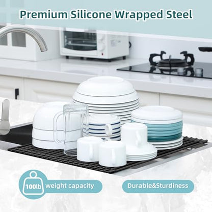 Ohuhu Over The Sink Dish Drainer Drying Rack, 17.6" W x 15.4" L Roll Up Dish Racks Kitchen Sink Organizer Silicone Wrapped Large in Sink Dish Drying Rack Foldable Rolling Drain Mats Anti-Slip - color: Black, size: 17.6"W x 15.4"L