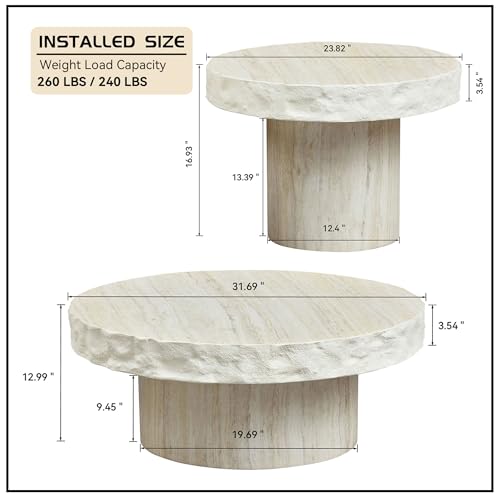 Round Nesting Coffee Table with Faux Mars Pattern for Living Room, Modern Fiberglass Circle Travertine Center Table with Base, Faux Stone Tea Table, No Need Assembly, 31.7"+23.8" (Beige) - color: G-31.69"+23.82" Beige