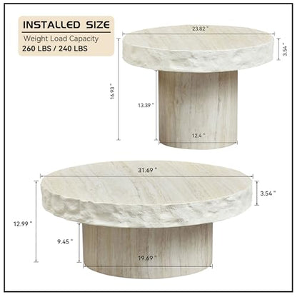 Round Nesting Coffee Table with Faux Mars Pattern for Living Room, Modern Fiberglass Circle Travertine Center Table with Base, Faux Stone Tea Table, No Need Assembly, 31.7"+23.8" (Beige) - color: G-31.69"+23.82" Beige