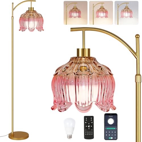 ILLMTW Pink Floor Lamp for Living Room,Bedroom,Glass Mid Century Modern Standing Lamp with Remote,Dimmable Gold Brass Tall Lamp Tulip Flower Arc Floor Light Boho Bohemian - size: Floor Lamp-23