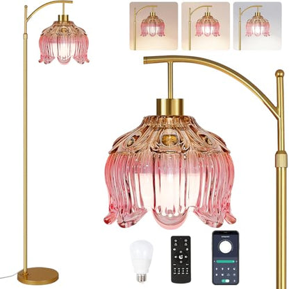 ILLMTW Pink Floor Lamp for Living Room,Bedroom,Glass Mid Century Modern Standing Lamp with Remote,Dimmable Gold Brass Tall Lamp Tulip Flower Arc Floor Light Boho Bohemian - size: Floor Lamp-23
