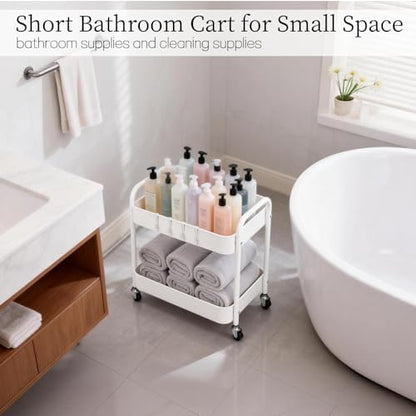 Under Desk Storage Cart 2 Tier Utility Rolling Cart with Wheels, Small Metal Mobile Trolley with Handle Two Tiered Utility Organizer Roller for Kitchen Office Bathroom Pantry Room, White - color: White