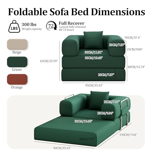 Single Couch Sofa for Small Spaces 2 in 1 Convertible Sofa to Lounger Comfy Bean Bag Chair for Adults with Removable Cover with Pillows for Bedroom, Apartment, Office (Green, 35.43" Single Sofa) - color: Green, size: 35.43" Single Sofa