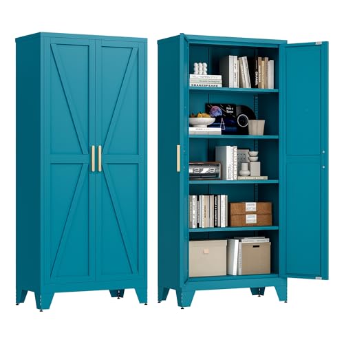 Washsemba 71'' Farmhouse Metal Storage Cabinet with Barn Doors,Steel File Cabinet for Home Office,Kitchen Pantry 4 Adjustable Shelves,Freestanding Cupboard for Kitchen,Home Office (Peacock Blue) - color: Peacock Blue, size: 71" - Storage Cabinet - 2 Door