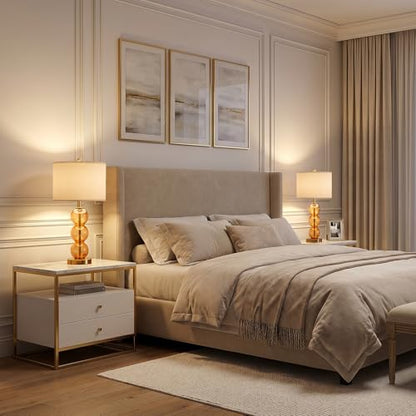 25" Amber Glass Table Lamps for Living Room, Glass Modern Table Lamp Set of 2, USB Charging Ports, Linen Shade, Bedside Lamps for Bedroom, Nightstand, Side Table (Bulbs not Included) - color: Amber