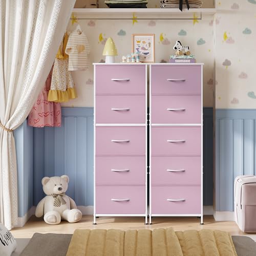 WLIVE Tall Dresser for Bedroom, 5 Drawer Dresser, Pink | 5 vertical fabric drawers, Tall vertical design, Bedroom or closet use, Dresser for small spaces, Chest of drawers - color: Cloudy Pink