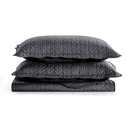MOONLIGHT20015 Twin Quilt Set (66" x 86") with 1 Pillow Sham (20" x 26"+2") for All Season - 2 Pcs Reversible Bedding Set Lightweight Microfiber Coverlet Embossed Pattern Quilted Bedspread (Charcoal) - color: Charcoal/Dark Grey, size: Twin