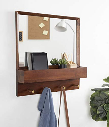 Kate and Laurel Hinter Mid-Century Framed Wall Mirror with Pocket Shelf, 24 x 24, Walnut Brown, Organizing Mail Holder and Wall Hooks