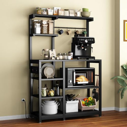 Bakers Rack with Power Outlet, 8-Tier Microwave Cart, Coffee Bar w/ 6 Hooks | 8-Tier Bakers Rack with Power Outlet, Coffee Bar Station & Microwave Cart, Metal Kitchen Storage Shelf with Wheels - color: Black