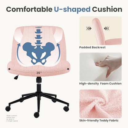 DUMOS Criss Cross Chair with Wheels, Wide Cross Legged Office Desk Vanity Chairs, Armless Height Adjustable Swivel Chairs for Home Computer Task, Teddy Fleece, Pink Wheel - color: Pink Wheel