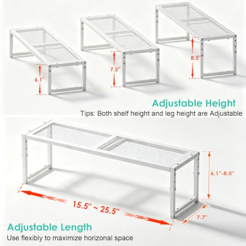 2 Pack Expandable Cabinet Shelf Organizer, Adjustable Kitchen Countertop Metal Storage Shelves Organizers, Stackable Kitchen Counter Pantry Cupboard Storage Rack, 30LBS Load Capacity,15.5"-25.5" Long - color: White