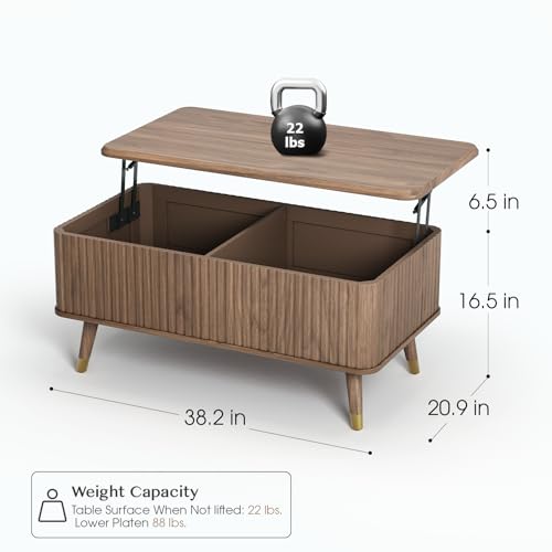 JOINICE Walnut Lift Top Coffee Table with Storage for Living Room,38" | Fluted Rectangle Center Table with Wooden Legs,Large Hidden Storage,Natural Boho Style,Lifts to 23",Holds 88lbs,Easy Assembly - color: Walnut_rectangle