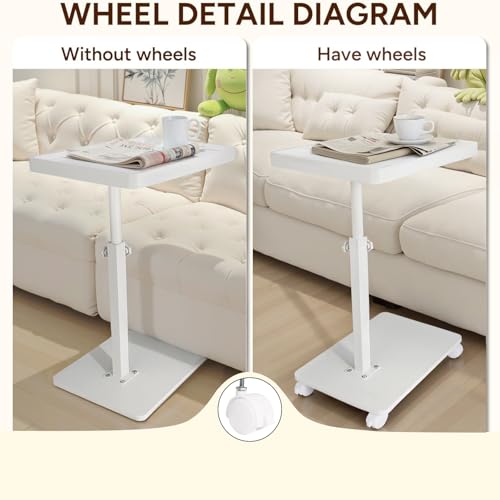 YYW Adjustable C-Shaped End Table with Removable Wheels & Convertible Base - 360° Swivel Height-Adjustable (17.7"-31.5") Sofa/Bedside Table, Minimalist Solid Colors for Modern Spaces (White) | Removable Wheels, 360° Swivel, Convertible Base, Minimalist So