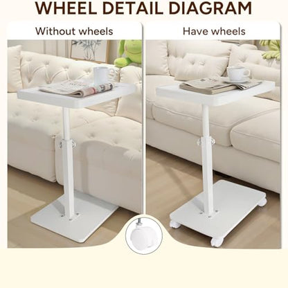 YYW Adjustable C-Shaped End Table with Removable Wheels & Convertible Base - 360° Swivel Height-Adjustable (17.7"-31.5") Sofa/Bedside Table, Minimalist Solid Colors for Modern Spaces (White) | Removable Wheels, 360° Swivel, Convertible Base, Minimalist So
