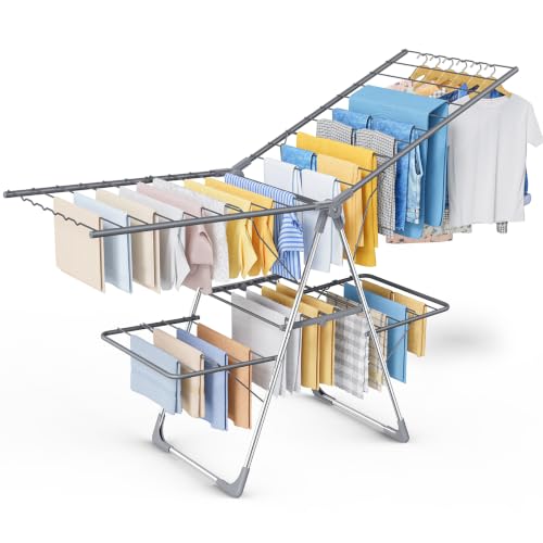 Sakugi Clothes Drying Rack, Foldable 2-Level with 70" Adjustable Wings | Laundry Room, Bedroom, Indoor & Outdoor Use, Height Adjustable, Clothing & Bedding, 70.0" L × 22.8" W, Gray - color: Gray, size: X-Large (70"L x 22.8"W x 36.6"H)