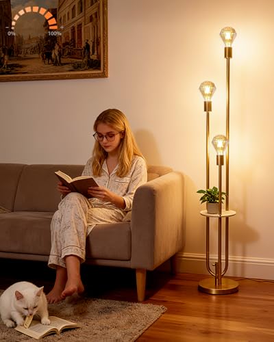 Lightdot Gold Floor Lamp for Living Room Dimmable Vintage Floor Lamp with Shelf & E26 Bulbs Included Mid Century Standing Lamp Tall Lamp with 5Lbs Heavy Base for Bedroom/Sofa Beside/Corner Decor - color: 3 Bulb-Gold