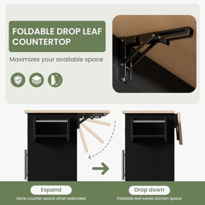 DUMOS 42in Kitchen Island with Storage, Drop Leaf, Spice Rack, Towel Rack | Rolling Cart on Wheels, Adjustable Shelves, Wood, Mobile Utility Serving Table, Living Room, Dining Room, Black - color: Black