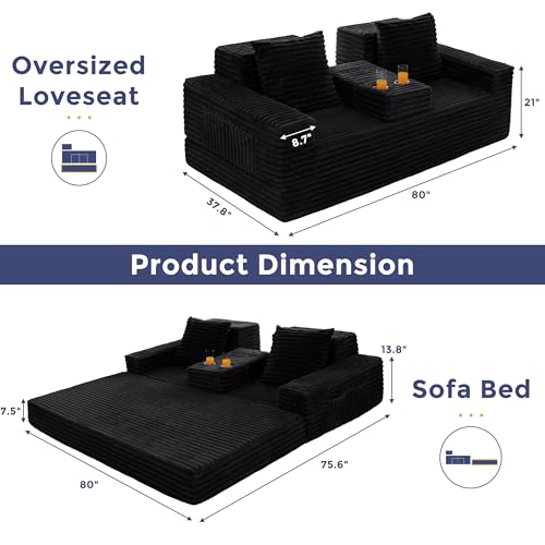 MAXYOYO Sofa Bed, 80-Inch Oversized Boneless Loveseat, 2 Cup Holders | Striped Black 4-in-1 Boneless Couch Converts Into a Floor Sofa or Chair; Sofa-in-a-Box Design Requires No Assembly. - color: Striped Black, size: Oversized(80" Length)