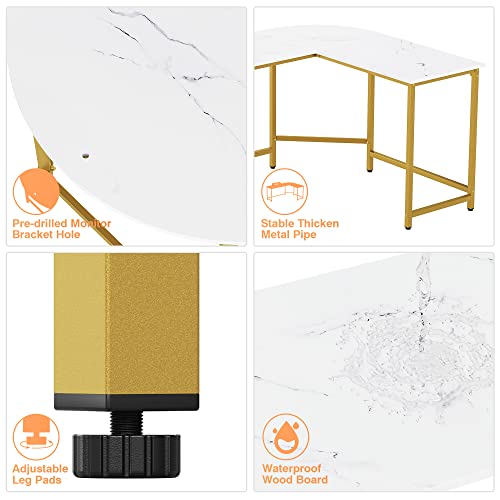 L Shaped Computer Desk with Monitor Stand Reversible White and Gold | Reversible Modern Corner Desk for Home Office Sturdy PC Workstation Study Writing Table