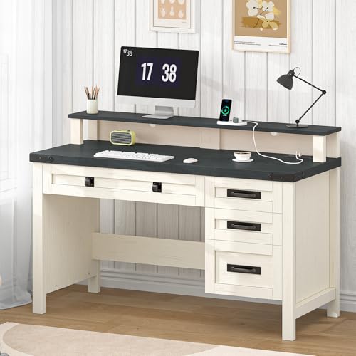 47" Farmhouse Computer Desk with Drawers & Outlets for Home Office, Bedroom | Executive Desk with Power Outlets, Home Office Desk with Monitor Stand, Small Desk Writing Study Table, Black and White - color: Black and White