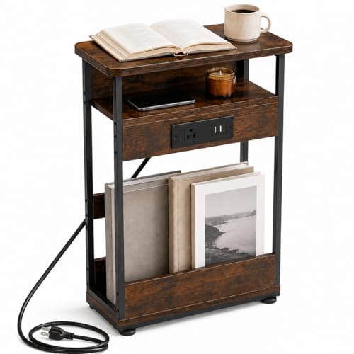 Narrow Side Table With Charging Station, 3-Tier End Table with 2 USB Ports & Power Outlets,Thin Sofa Side Table for Narrow and Small Spaces, Bedside Table Nightstand for Living Room,Rustic Brown - color: Rustic Brown