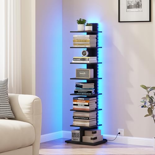 TUTOTAK Book Shelf, Narrow Spine Bookshelf, 8-Tier Bookcase with LED Lights | 10.4 x 13.4 x 47.5 Inches Vertical Freestanding Corner Shelf for Living Room, Office, Small Space, Black BS06BK008L - color: Black（led Ligths）