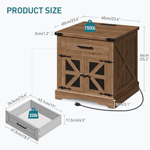 Walnut Farmhouse End Table with Charging Station, 24" Large Sofa Side Table with Drawer, Large End Table for Living Room, Wooden Nightstand with Outlet, Square, Walnut - color: Walnut
