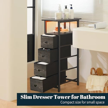 Yoobure LED Narrow Nightstand with Charging Station - Slim Dresser for Bedroom Narrow Side Table Storage Cabinet, Small Dressers Chest of Drawers, Tall Skinny Night Stand End Table for Small Spaces - color: Grey