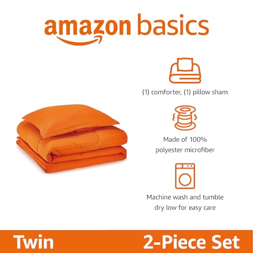 Amazon Basics 2-Piece Soft Microfiber Kids' Comforter and Pillow Sham Set, Twin, Bright Orange, Solid - color: Bright Orange, size: Twin