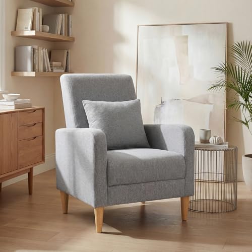 COLAMY Mid-Century Modern Accent Chair, Fabric Upholstered Living Room Chair with Back Pillow & Solid Wood Legs, Comfy Armchair for Living Room, Bedroom, Single Sofa, Grey - color: Grey, size: Set of 1