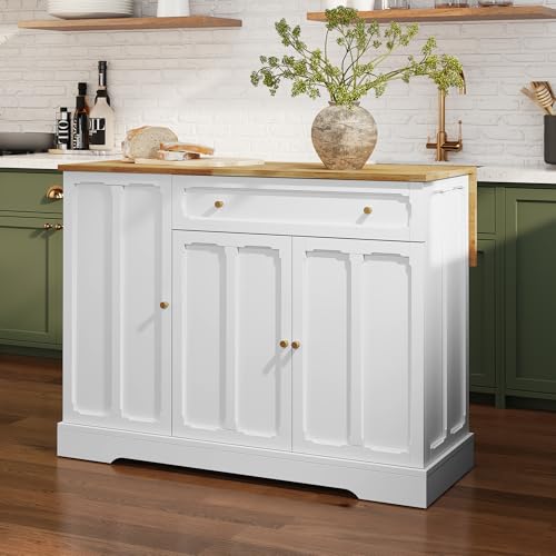 HLR Kitchen Island with Drop Leaf & Storage, Solid Rubber Wood Top Rolling Kitchen Cart with Carved Recessed Panel Doors, Large Mobile Island Table on Wheels for Kitchen, Dining Room (White) - color: White