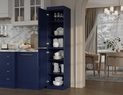 100% Solid Wood 16.5" Pantry Cabinet, 2 Shaker Wood Doors, Navy - color: Navy Blue, style: Shaker Doors