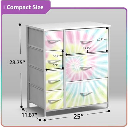 Sorbus Dresser with 7 Drawers - Furniture Storage Chest for Kid’s, Teens, Bedroom, Nursery, Playroom, Clothes, Toys - Steel Frame, Wood Top, Tie-dye Fabric Bins (7-Drawer, Tie-Dye) - color: Light Tie-dye