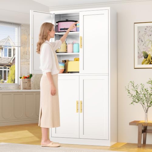 CJF White Kitchen Pantry Cabinet,71 Inch Tall Metal Storage Cabinet with 4 Adjustable Shelves and 4 Doors, Freestanding Pantry Cabinet for Kitchen, Living Room, Dining Room, Bathroom - color: White, size: 71"Hx 28"Wx 14"D-4Doors