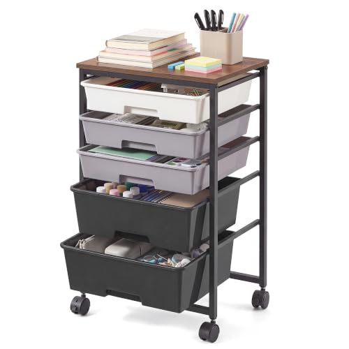 VASAGLE 5-Drawer Rolling Storage Cart, Mobile Organizer Trolley with Wood Top and Metal Frame, for Craft Room, Office, 15.6 x 11.2 x 24.8 inch, Black, BENCO Collection ULRC005B101 - color: Black, size: 5 Drawer