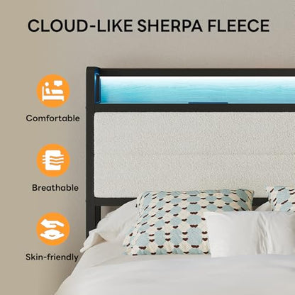 LIKIMIO Twin Bed Frame with Headboard, LED Lights and Charging Station | Upholstered sherpa storage headboard with LED & charger; heavy-duty slats; noise-free; modern elegance; natural and cream - color: Natural and Cream, size: Twin