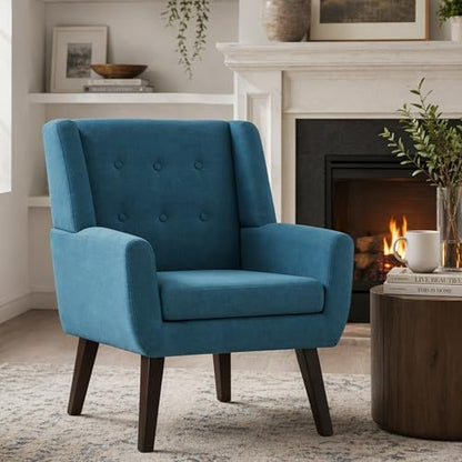 HUIMO Button-Tufted Accent Chairs,Upholstered Reading Living Room Chair,Mid Century Modern Chair with Linen Fabric, Club Chair,Comfy Arm Chairs for Living Room,Bedroom Lake Blue | Mid Century Modern Tufted Armchair with Fabric,Comfy Arm Chairs for Club Li