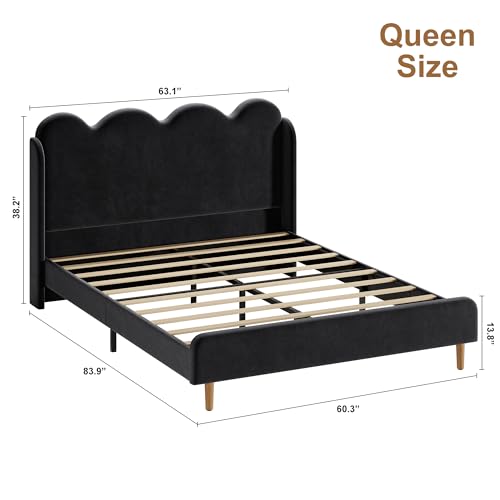 Garvee Queen Size Upholstered Platform Bed Frame, Scalloped Wave Tall Headboard, Chenille Wingback Design, Wood Slat Support, No Box Spring Needed, Easy Assembly, Black | Wave Tall Headboard, Wood Slat Support, No Box Spring Needed, Easy Assembly - color:
