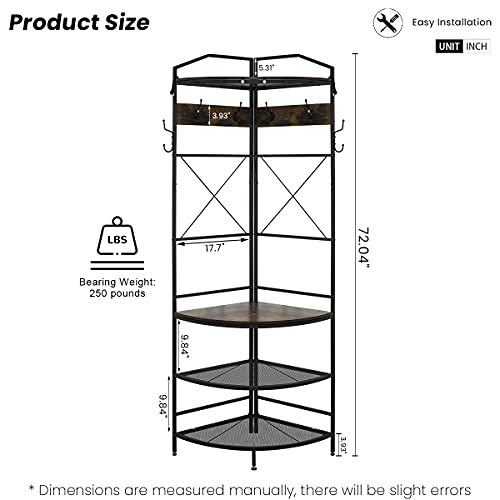 Recaceik Corner Coat Rack, Multifunctional Entryway Corner Shoe Rack with 8 Metal Double Hooks and Storage Shelf, Freestanding Corner Hall Tree Stand Storage for Living Room, Office, Rustic Brown