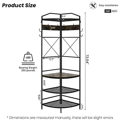 Recaceik Corner Coat Rack, Multifunctional Entryway Corner Shoe Rack with 8 Metal Double Hooks and Storage Shelf, Freestanding Corner Hall Tree Stand Storage for Living Room, Office, Rustic Brown