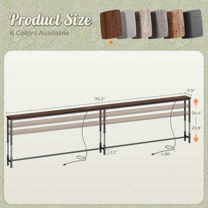 Huuger 110.2 Inch Sofa Table with Power Outlets, 23.9’’-34.4’’ Height Adjustable Range, Behind Couch Table with USB-C Ports, Sofa Tables Narrow Long, Skinny Console Table, Small Spaces, Dark Walnut - color: Dark Walnut, size: 110.2''W x 23.9''-34.4''H
