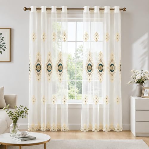 Blue Simple Chenille Jacquard Sheer Window Elegance Curtains/Drapes/Panels/Treatments for Bedroom Living Room,Top Grommets, Two Panels, W54 x L96 inch | Jacquard Floral Detail, Lightweight Voile Feel, Gentle Light Diffusion, for Bedroom and Living Room Wi