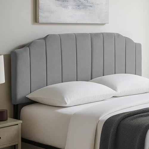 Upholstered Headboard Adjustable Height Queen/King Headboard Cream Velvet Tufted Modern Vertical Channel Design with Stepped Silhouette Top Edge(Grey Queen) - color: Gray, size: Queen
