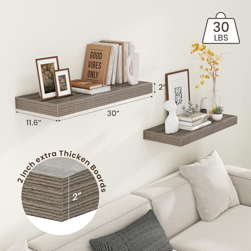 30 Inch Floating Shelves, 12'' Deep Grey Shelves for Wall Set of 2 | Invisible Brackets, Engineered Wood, Mounting Hardware Included, 45LBS, Bathroom, Laundry Room, Kitchen, Living Room - color: Grey, size: 30W x 11.6D x 2H, 2 Pack