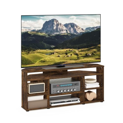 Furinno Jensen TV Stand, 4-Tier Corner Entertainment Center with Storage Shelf, TV Console for TV up to 55 Inch, Open Back, for Living Room, Bedroom, Amber Pine - color: Amber Pine, size: For 55" TV, Corner 4-Tier