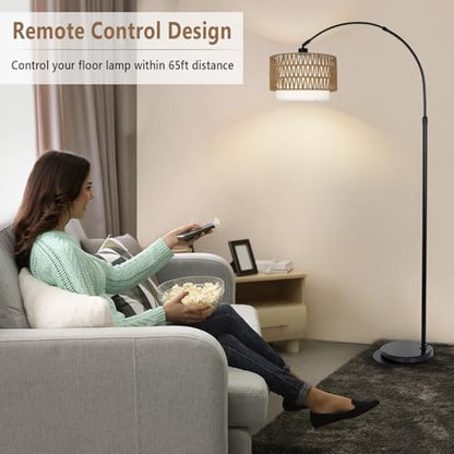 eyassi Arc Floor Lamp with Remote, Modern LED Floor Lamp with Dimmable Bulb, Boho Farmhouse Standing lamp with Fabric & Rattan Lampshades, Height Adjustable Black Tall Lamp for Living Room Bedroom - style: Farmhouse