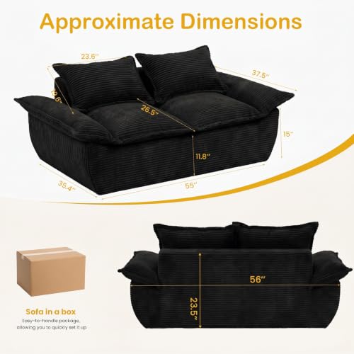 56" Boneless Loveseat Sofa, 2-Seater Black Boneless Sofa with Removable Cushions & 2 Pillows, Small Couch Boneless Compress Foam Sofa for Living Room, Apartments, & Office - color: Black, size: Loveseat（56")