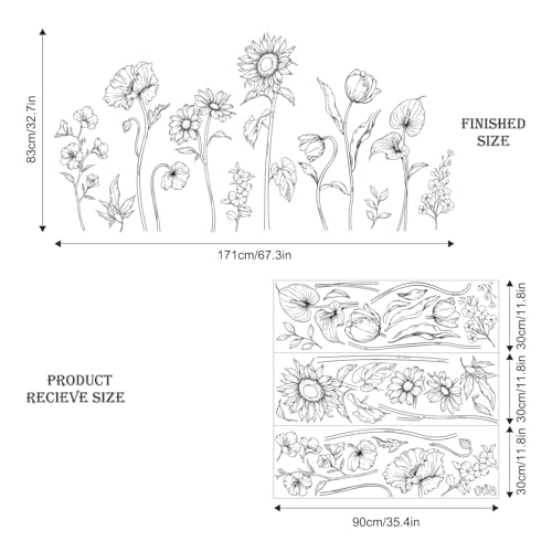 Large Black and White Flower Wall Decals, 3 Sheets Simple Modern Minimalist Sunflower Tulip Wall Stickers Floral Art Decor for Girls Bedroom Home Room Office Adult Gifts for Mom(11.8x35.4 in/Sheet) - style: Large Sunflower Set